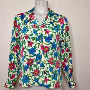 Vintage 90s Koret Neon Groovy Floral Notch Collar Button Up Satin Blouse